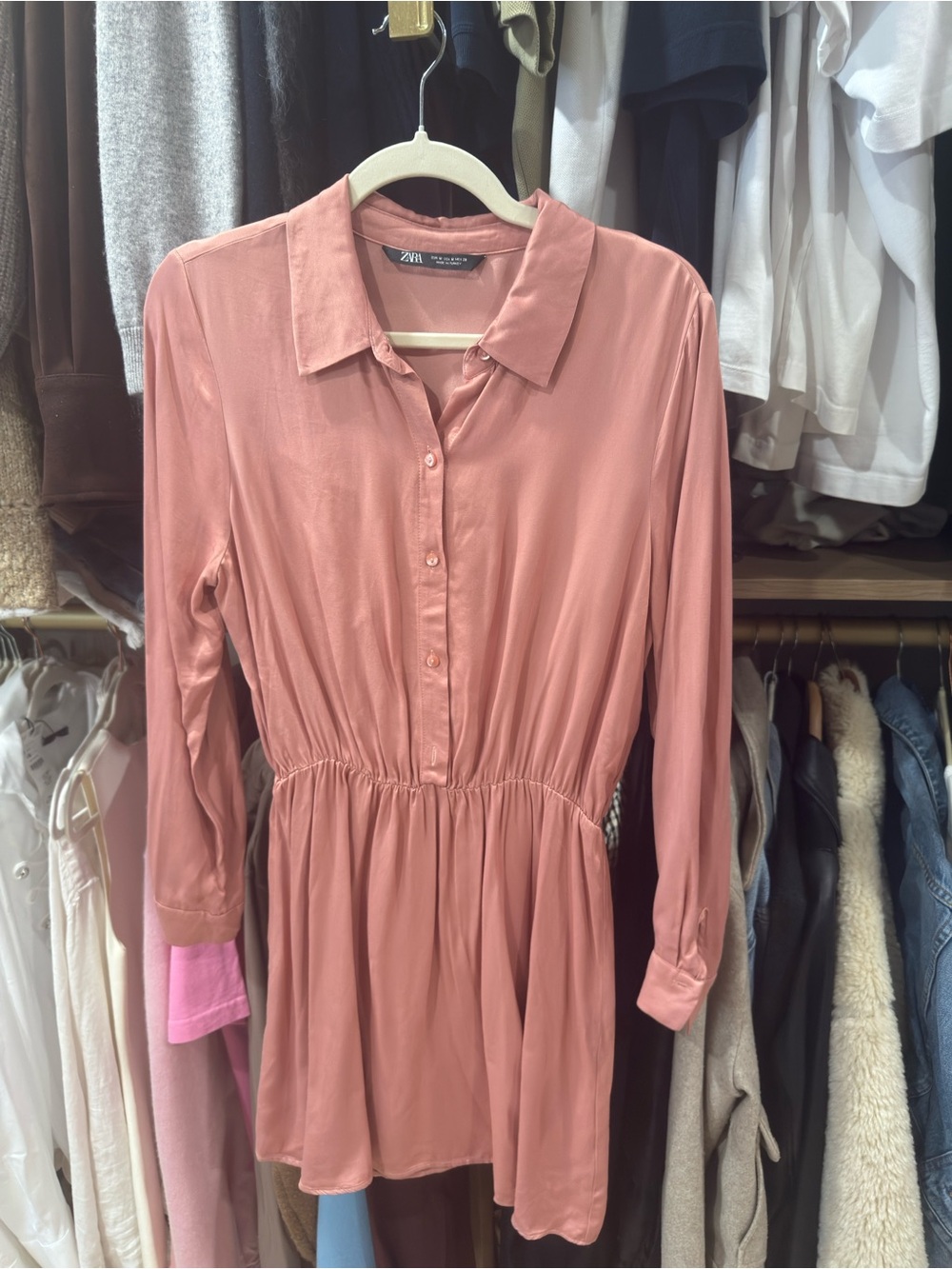 Zara Dusty Rose Long-Sleeve Button-Front Dress